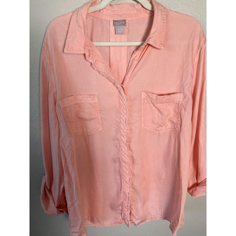 Chico's Women's Plus Size 4 XXL Pink Raw Fringe Trim Roll Tab Sleeve Blouse - Picture 2 of 8